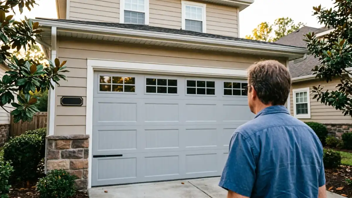 A man in a blue shirt stands facing a light gray garage door with windows.
