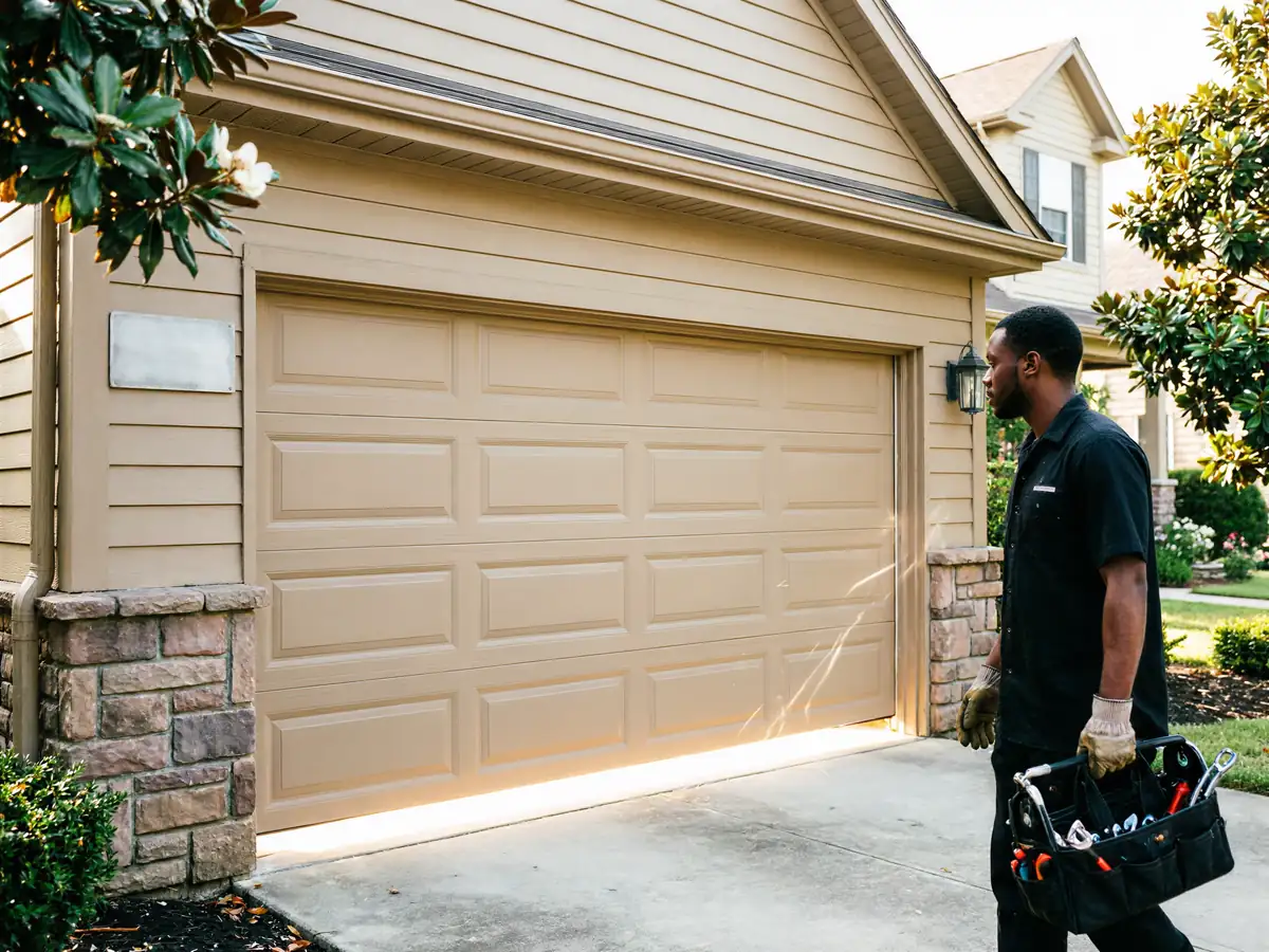 A technician carrying a toolbox walks past a beige garage door.