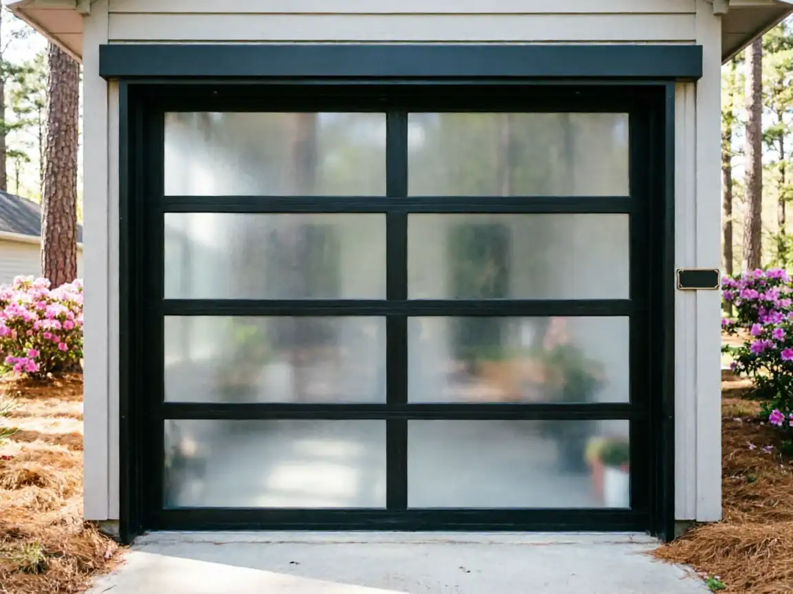 A modern black garage door with frosted glass panels is on a white house.