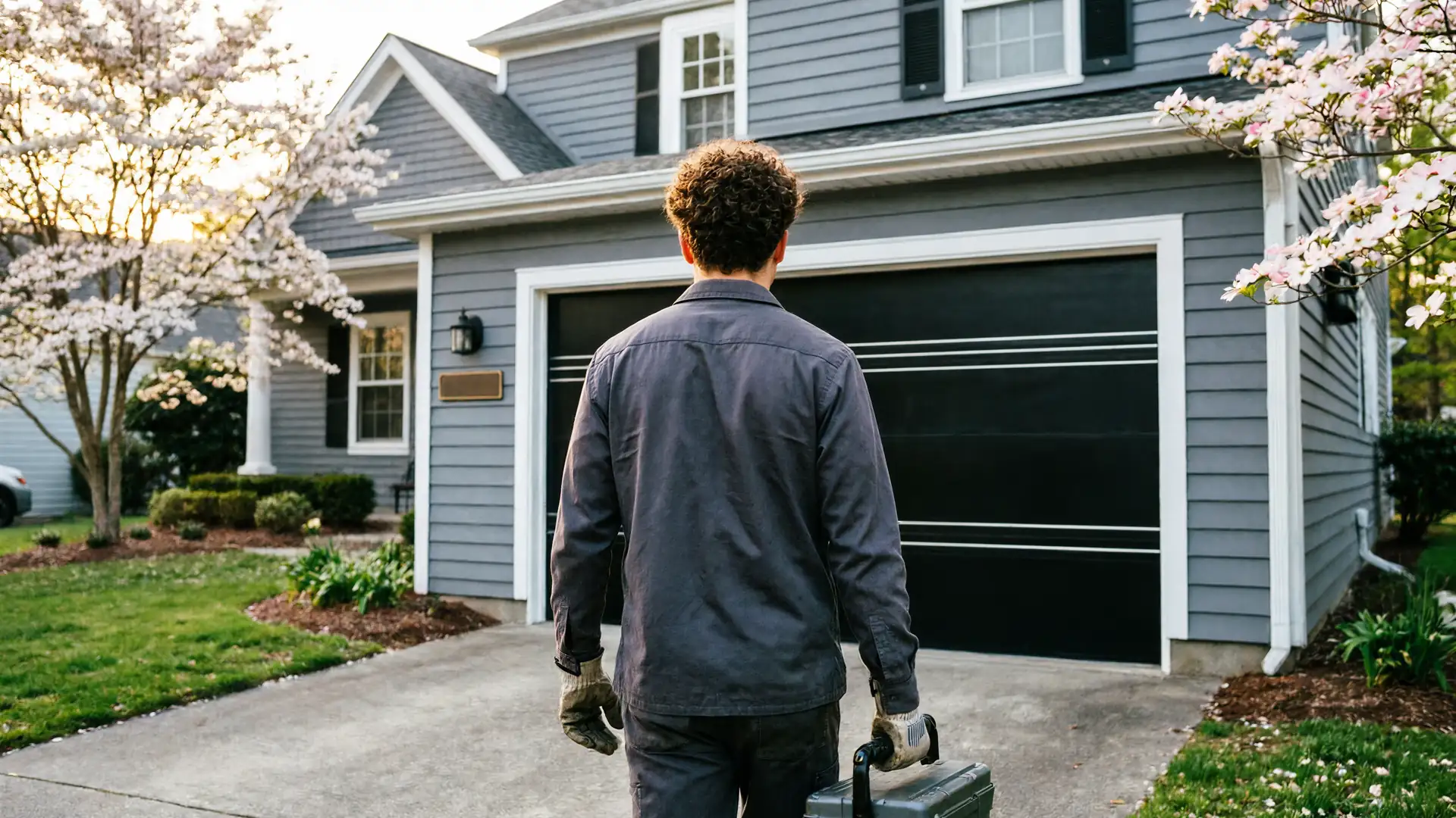 A technician carrying a toolbox walks toward a house with a black garage door.