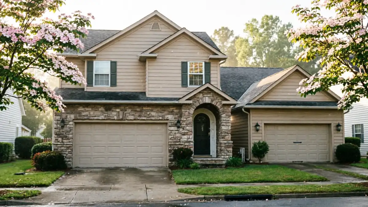 A two-story house with two beige garage doors and stone accents.