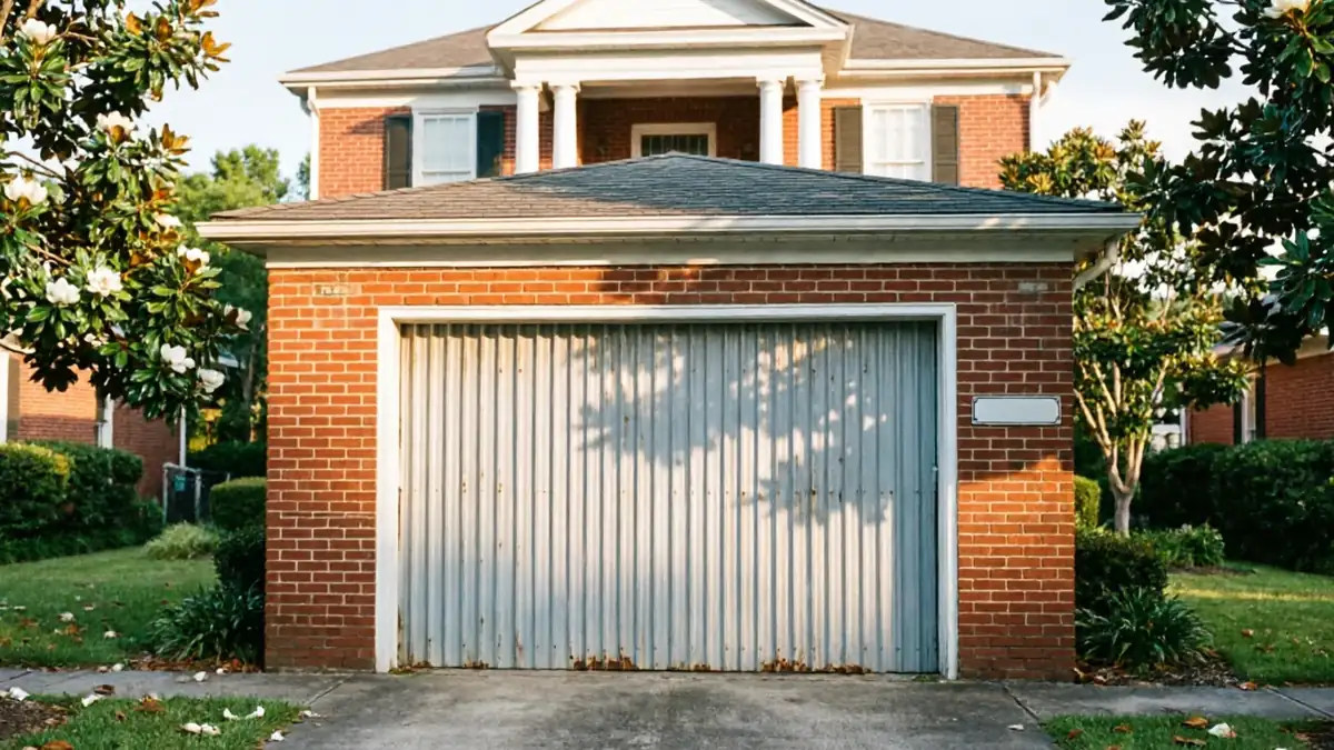 A white corrugated metal garage door with rust spots on a brick garage.