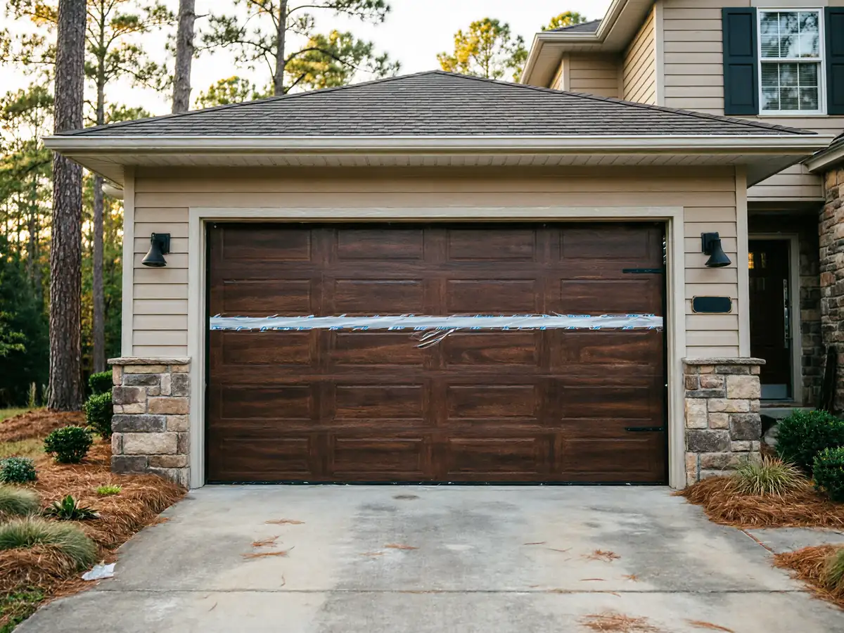 A brown garage door with a protective film is on a beige house.